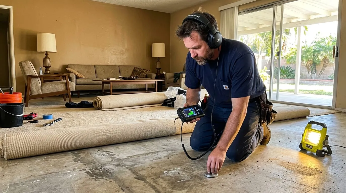 Plumber in headphones holding an acoustic leak detector over a slab floor with the carpet rolled back