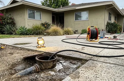 Hydro jetter hose reel and a work light beside an open sewer cleanout in front of a stucco ranch house