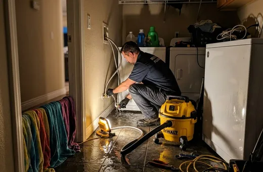 Plumber running a wet vacuum across a flooded laundry room floor beside the washer