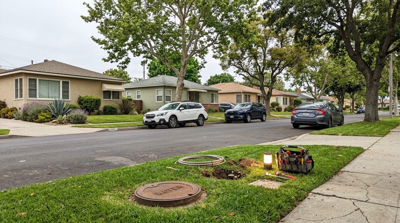 Street of single-story ranch houses with a water meter box set into the parkway lawn