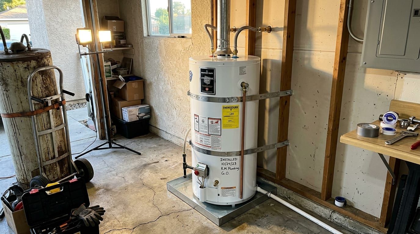 Gas tank water heater held by two seismic straps in the corner of a garage