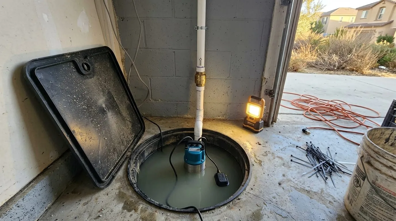 Submersible sump pump in a concrete basin with its cover set aside and a work light on the floor
