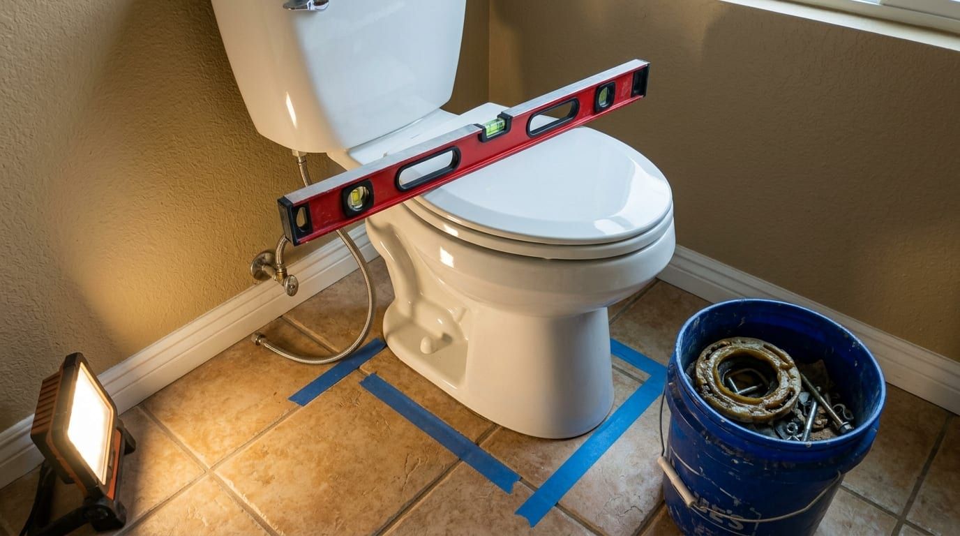 Spirit level resting across a newly set toilet on a tile floor marked out with blue tape